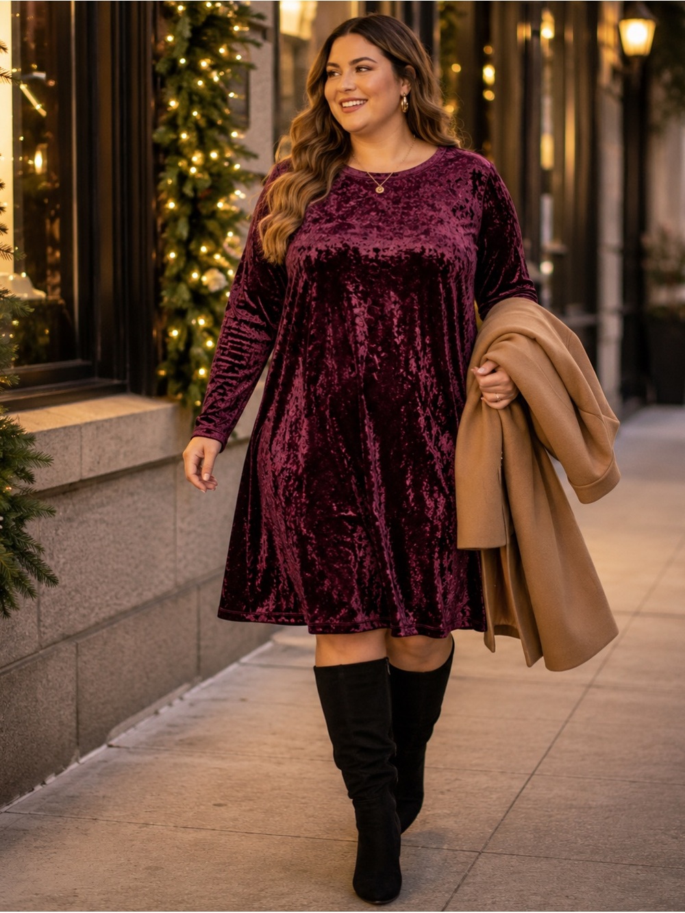 London Times Burgundy Crushed Velvet Swing Dress Stretch Holiday Party 16